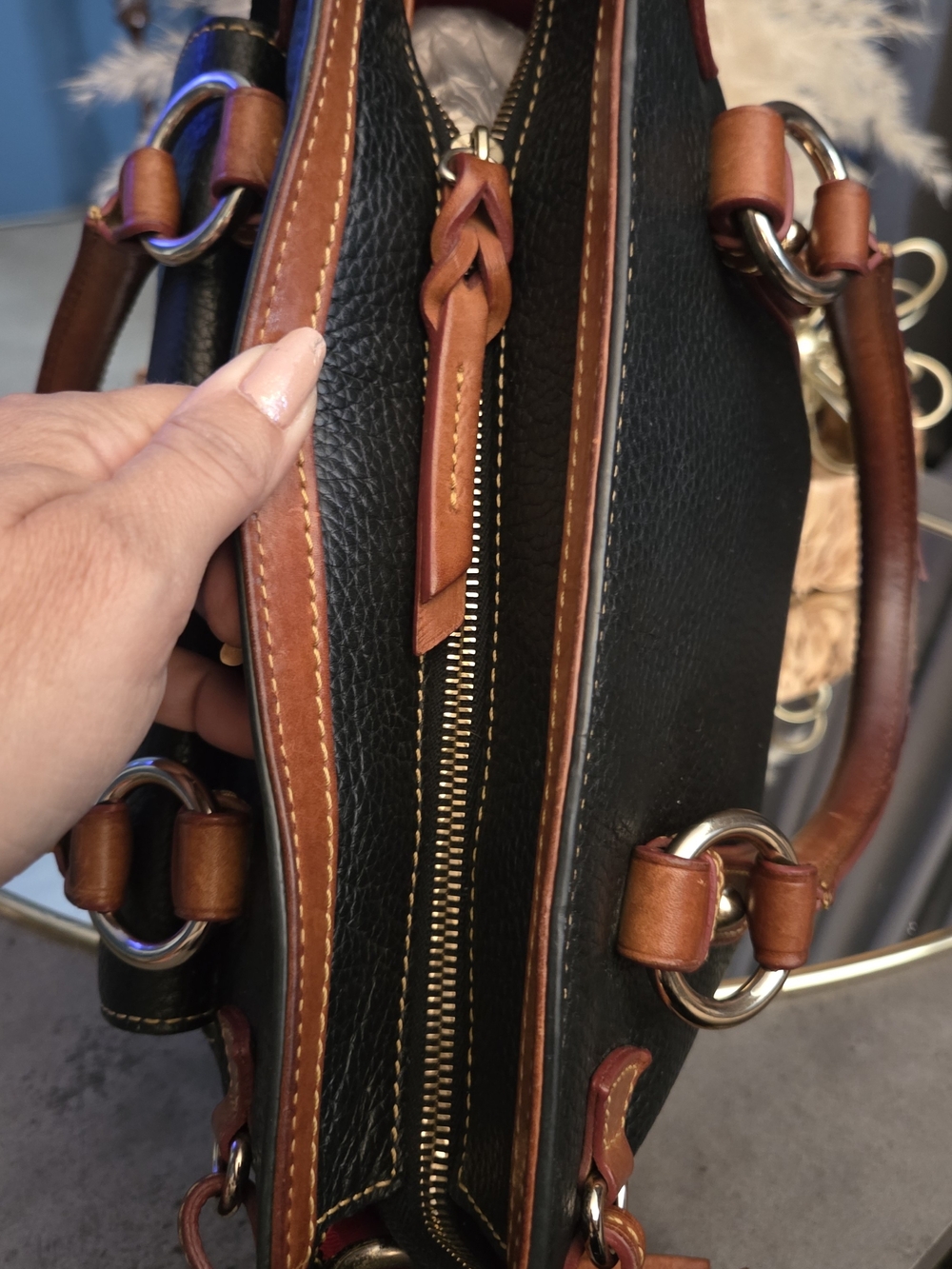 Dooney & Bourke Black Pebble Leather Satchel Crossbody British Tan Trim Tassels - Picture 11 of 17